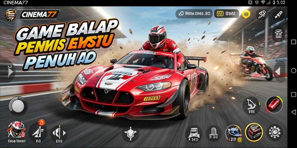 Screenshot gameplay CINEMA77 menampilkan balapan seru dengan mobil yang cepat.