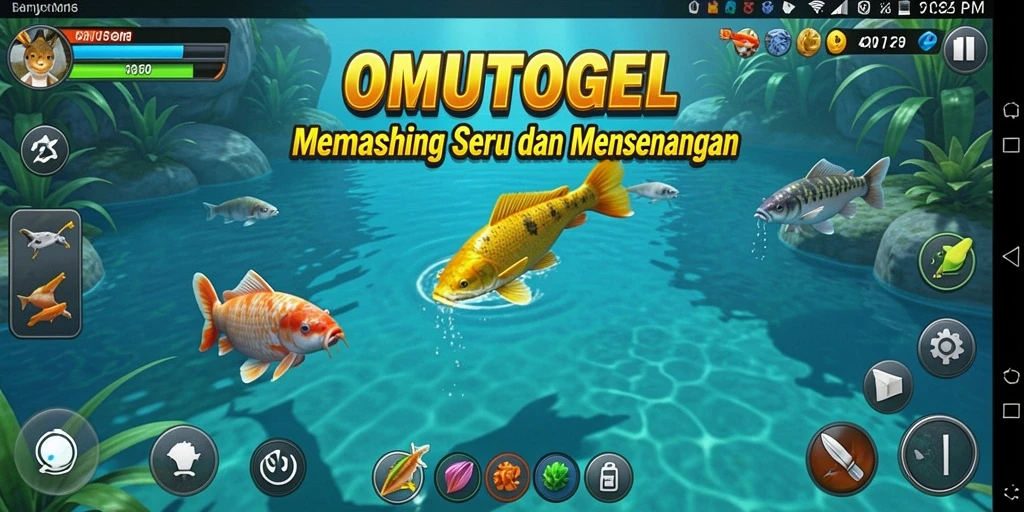 Screenshot gameplay OMUTOGEL menampilkan aktivitas memancing yang seru.